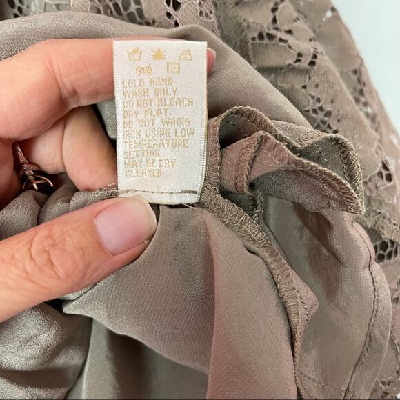 Gold Hawk Slip Dress Silk Taupe Spaghetti Straps Lace Ruffle Hem Pockets S NEW - Picture 7 of 8
